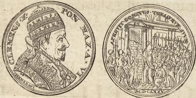 An illustration from Numismatum Modernorum Cimeliarchii Regio-Electoralis Brandenburgici Sectio Prima: continens Numismata Pontificum Romanorum, Aliorumque Ecclesiasticorum, Rariora & Elegantiora: Ære expressa & Dialogo illustrata, 1704, leaf 71