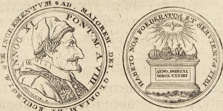An illustration from Numismatum Modernorum Cimeliarchii Regio-Electoralis Brandenburgici Sectio Prima: continens Numismata Pontificum Romanorum, Aliorumque Ecclesiasticorum, Rariora & Elegantiora: Ære expressa & Dialogo illustrata, 1704, leaf 72