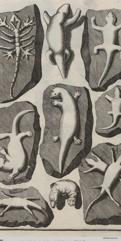 An illustration from Lithographiae Wirceburgensis, Ducentis Lapidum Figuratorum, A Potiori Insectiformium, Prodigiosis Imaginibus Exornatae Specimen Primum, 1726, leaf 127