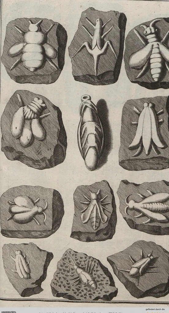 An illustration from Lithographiae Wirceburgensis, Ducentis Lapidum Figuratorum, A Potiori Insectiformium, Prodigiosis Imaginibus Exornatae Specimen Primum, 1726, leaf 131