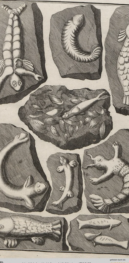 An illustration from Lithographiae Wirceburgensis, Ducentis Lapidum Figuratorum, A Potiori Insectiformium, Prodigiosis Imaginibus Exornatae Specimen Primum, 1726, leaf 135
