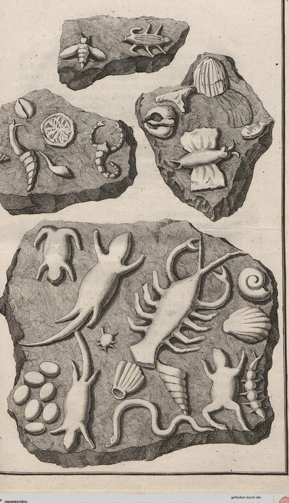 An illustration from Lithographiae Wirceburgensis, Ducentis Lapidum Figuratorum, A Potiori Insectiformium, Prodigiosis Imaginibus Exornatae Specimen Primum, 1726, leaf 55
