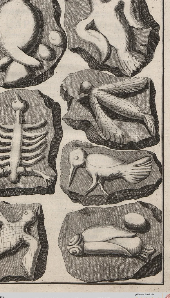 An illustration from Lithographiae Wirceburgensis, Ducentis Lapidum Figuratorum, A Potiori Insectiformium, Prodigiosis Imaginibus Exornatae Specimen Primum, 1726, leaf 74