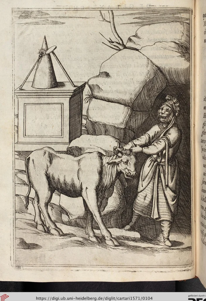 An illustration from Le Imagini De I Dei De Gli Antichi Nelle Qvali Si Contengono gl'Idoli, Riti, ceremonie, & altre cose appartenenti alla Religione de gli Antichi, 1571, leaf 104