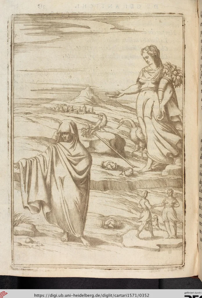 An illustration from Le Imagini De I Dei De Gli Antichi Nelle Qvali Si Contengono gl'Idoli, Riti, ceremonie, & altre cose appartenenti alla Religione de gli Antichi, 1571, leaf 352