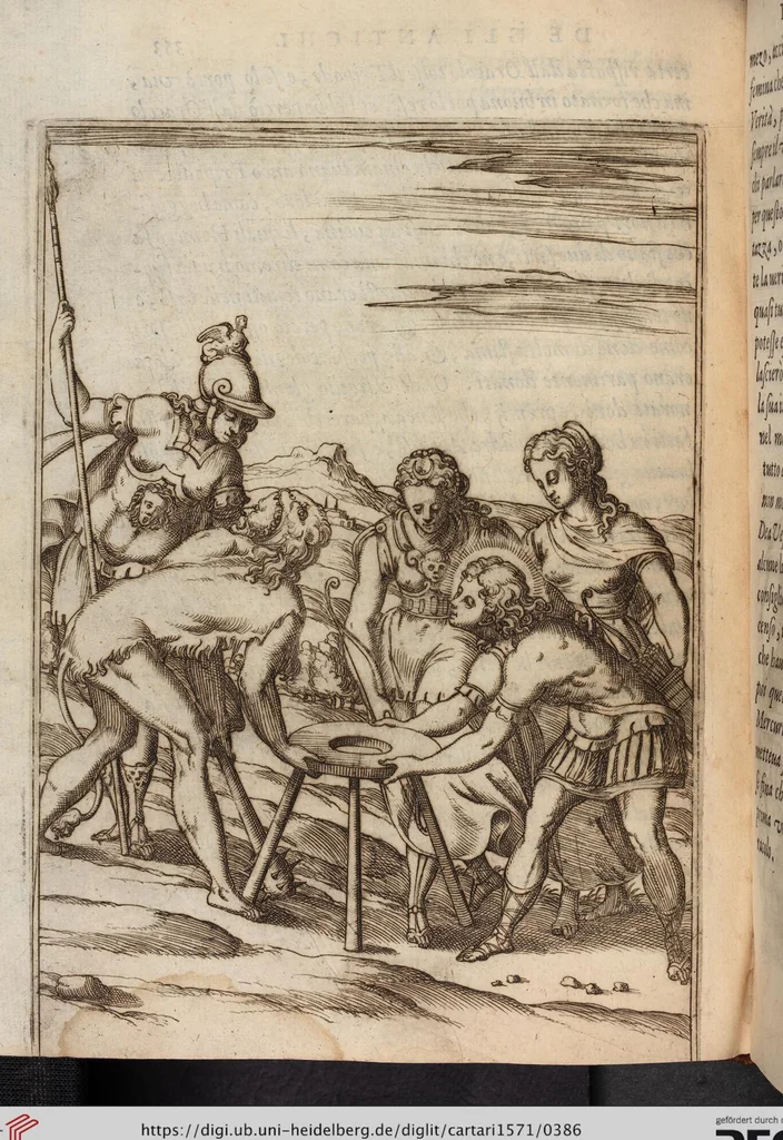 An illustration from Le Imagini De I Dei De Gli Antichi Nelle Qvali Si Contengono gl'Idoli, Riti, ceremonie, & altre cose appartenenti alla Religione de gli Antichi, 1571, leaf 386