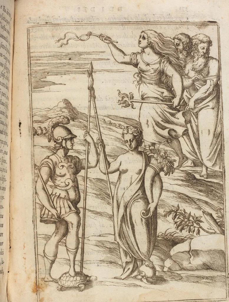 An illustration from Le Imagini De I Dei De Gli Antichi Nelle Qvali Si Contengono gl'Idoli, Riti, ceremonie, & altre cose appartenenti alla Religione de gli Antichi, 1571, leaf 403