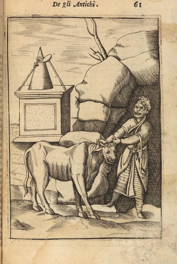 An illustration from Le imagini de i dei degli antichi nelle quali si contengono gl'idoli, i riti, le cerimonie, et altre cose appartenenti alla religione degli antichi ; con la loro espositione ; et in questa ultima impressione non solamente ridotte in forma più commoda, ma arricchite ancora di molte postille, et ... di più di 40 figure in rame …, 1603, leaf 105