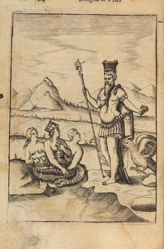 An illustration from Le imagini de i dei degli antichi nelle quali si contengono gl'idoli, i riti, le cerimonie, et altre cose appartenenti alla religione degli antichi ; con la loro espositione ; et in questa ultima impressione non solamente ridotte in forma più commoda, ma arricchite ancora di molte postille, et ... di più di 40 figure in rame …, 1603, leaf 108