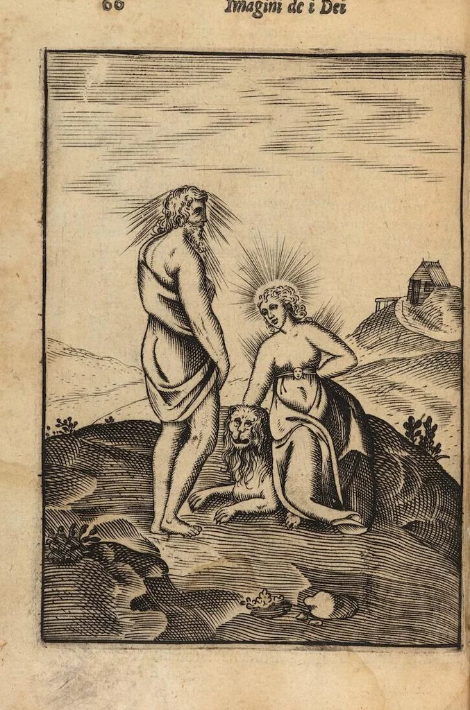 An illustration from Le imagini de i dei degli antichi nelle quali si contengono gl'idoli, i riti, le cerimonie, et altre cose appartenenti alla religione degli antichi ; con la loro espositione ; et in questa ultima impressione non solamente ridotte in forma più commoda, ma arricchite ancora di molte postille, et ... di più di 40 figure in rame …, 1603, leaf 110