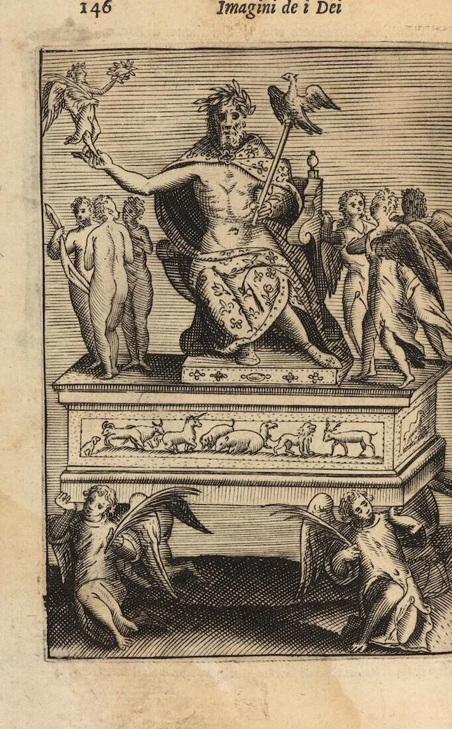 An illustration from Le imagini de i dei degli antichi nelle quali si contengono gl'idoli, i riti, le cerimonie, et altre cose appartenenti alla religione degli antichi ; con la loro espositione ; et in questa ultima impressione non solamente ridotte in forma più commoda, ma arricchite ancora di molte postille, et ... di più di 40 figure in rame …, 1603, leaf 190