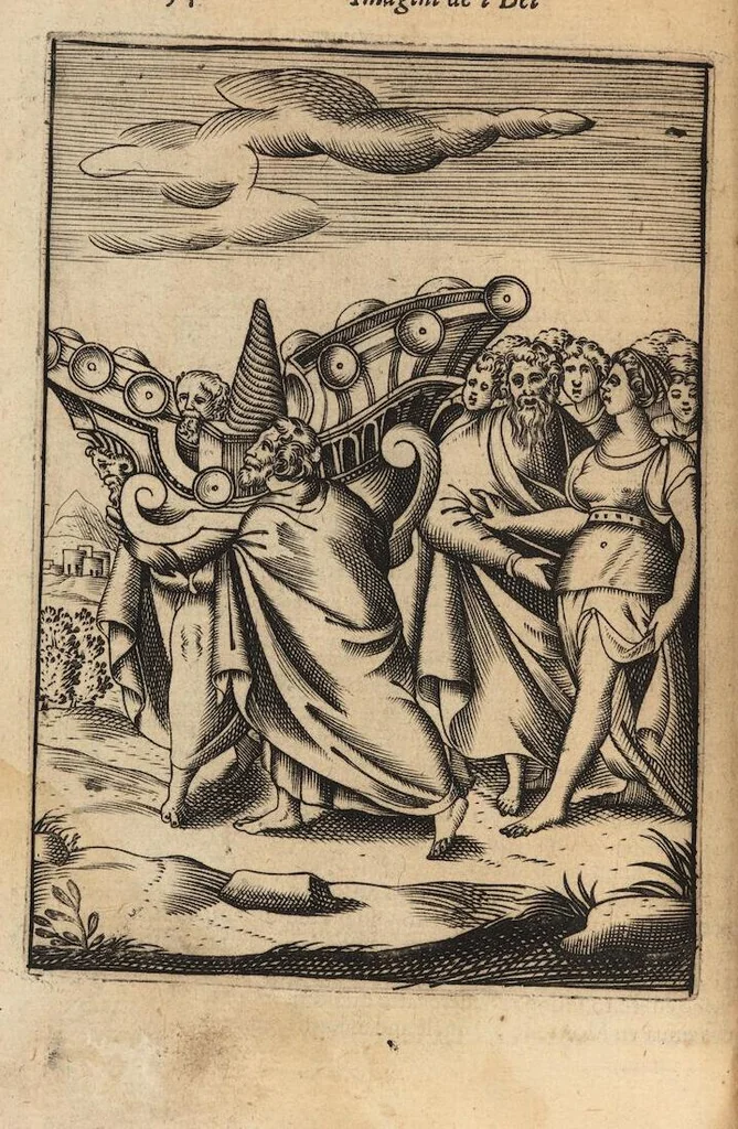 An illustration from Le imagini de i dei degli antichi nelle quali si contengono gl'idoli, i riti, le cerimonie, et altre cose appartenenti alla religione degli antichi ; con la loro espositione ; et in questa ultima impressione non solamente ridotte in forma più commoda, ma arricchite ancora di molte postille, et ... di più di 40 figure in rame …, 1603, leaf 198