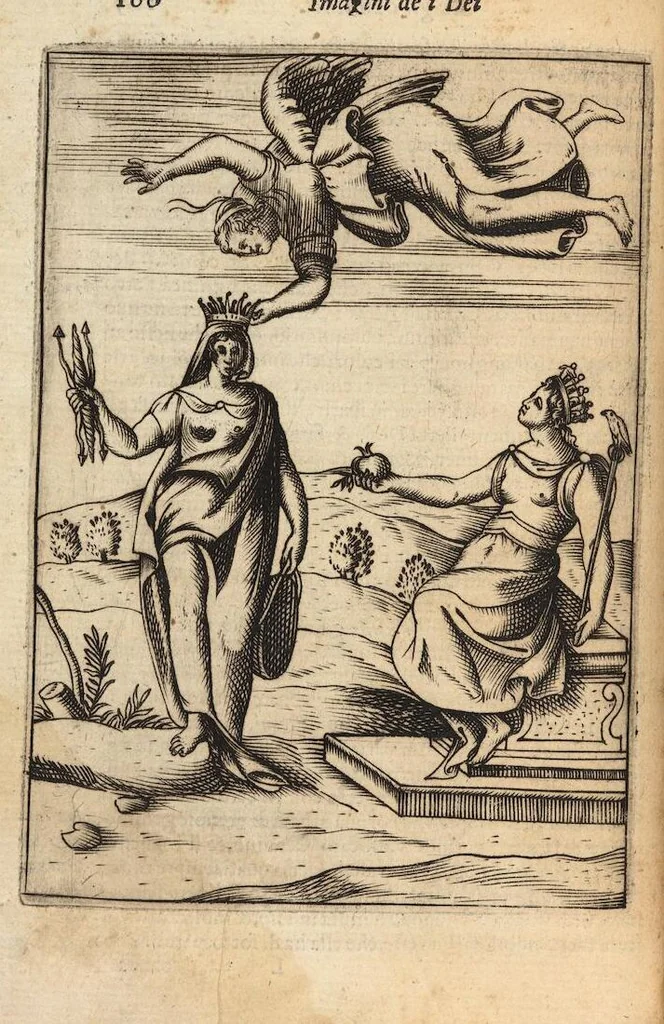 An illustration from Le imagini de i dei degli antichi nelle quali si contengono gl'idoli, i riti, le cerimonie, et altre cose appartenenti alla religione degli antichi ; con la loro espositione ; et in questa ultima impressione non solamente ridotte in forma più commoda, ma arricchite ancora di molte postille, et ... di più di 40 figure in rame …, 1603, leaf 210