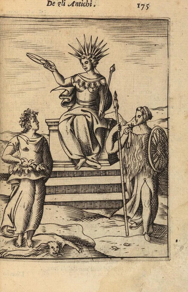 An illustration from Le imagini de i dei degli antichi nelle quali si contengono gl'idoli, i riti, le cerimonie, et altre cose appartenenti alla religione degli antichi ; con la loro espositione ; et in questa ultima impressione non solamente ridotte in forma più commoda, ma arricchite ancora di molte postille, et ... di più di 40 figure in rame …, 1603, leaf 219