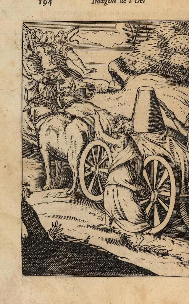An illustration from Le imagini de i dei degli antichi nelle quali si contengono gl'idoli, i riti, le cerimonie, et altre cose appartenenti alla religione degli antichi ; con la loro espositione ; et in questa ultima impressione non solamente ridotte in forma più commoda, ma arricchite ancora di molte postille, et ... di più di 40 figure in rame …, 1603, leaf 238