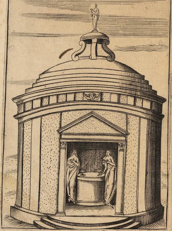 An illustration from Le imagini de i dei degli antichi nelle quali si contengono gl'idoli, i riti, le cerimonie, et altre cose appartenenti alla religione degli antichi ; con la loro espositione ; et in questa ultima impressione non solamente ridotte in forma più commoda, ma arricchite ancora di molte postille, et ... di più di 40 figure in rame …, 1603, leaf 246