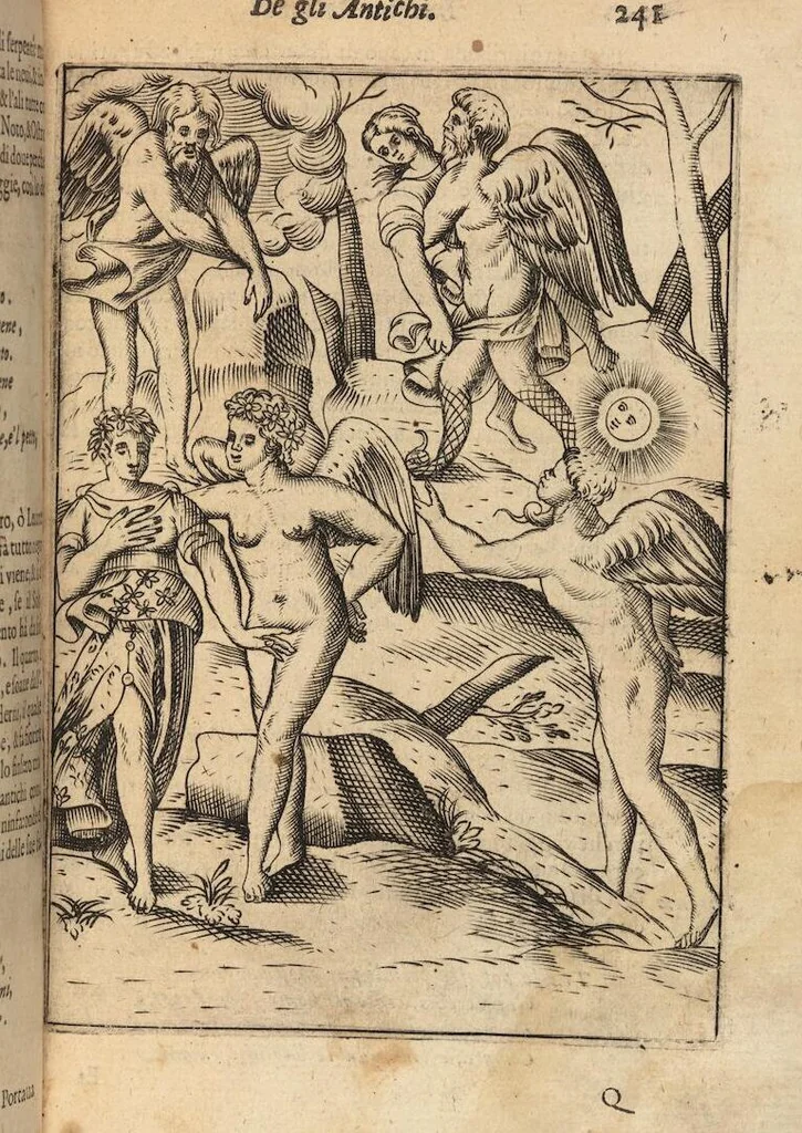 An illustration from Le imagini de i dei degli antichi nelle quali si contengono gl'idoli, i riti, le cerimonie, et altre cose appartenenti alla religione degli antichi ; con la loro espositione ; et in questa ultima impressione non solamente ridotte in forma più commoda, ma arricchite ancora di molte postille, et ... di più di 40 figure in rame …, 1603, leaf 285