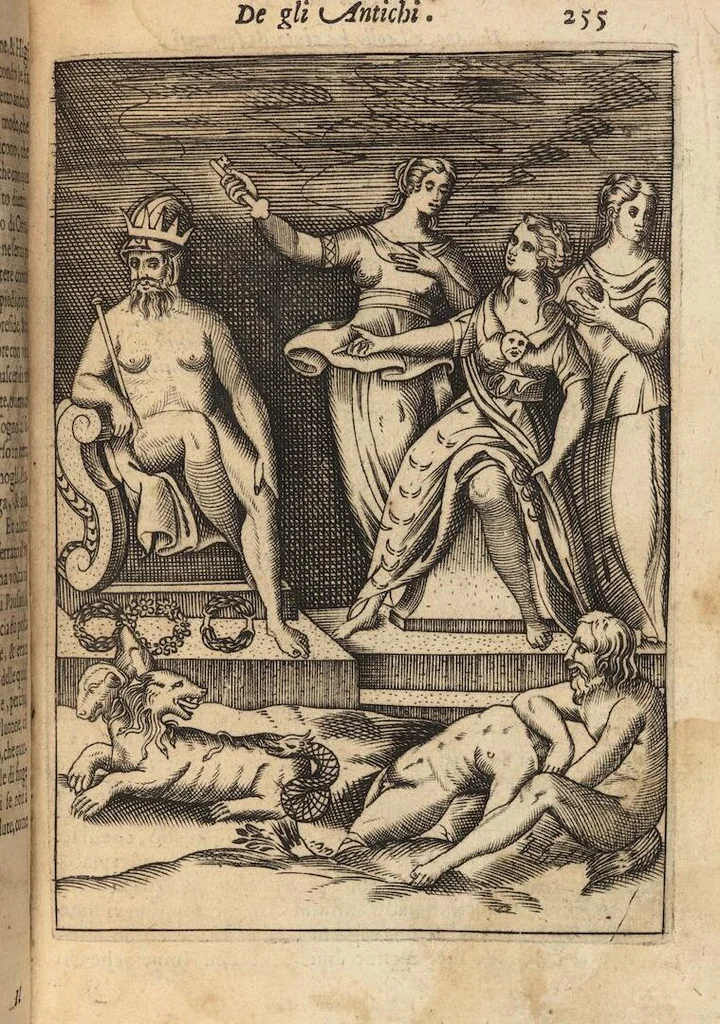 An illustration from Le imagini de i dei degli antichi nelle quali si contengono gl'idoli, i riti, le cerimonie, et altre cose appartenenti alla religione degli antichi ; con la loro espositione ; et in questa ultima impressione non solamente ridotte in forma più commoda, ma arricchite ancora di molte postille, et ... di più di 40 figure in rame …, 1603, leaf 299