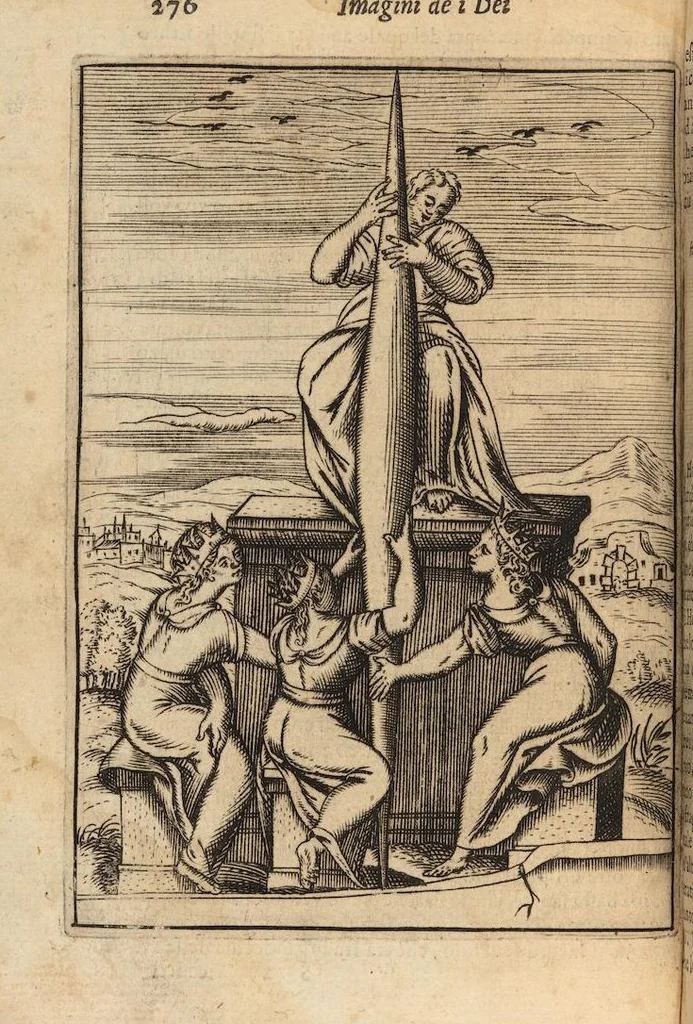 An illustration from Le imagini de i dei degli antichi nelle quali si contengono gl'idoli, i riti, le cerimonie, et altre cose appartenenti alla religione degli antichi ; con la loro espositione ; et in questa ultima impressione non solamente ridotte in forma più commoda, ma arricchite ancora di molte postille, et ... di più di 40 figure in rame …, 1603, leaf 320