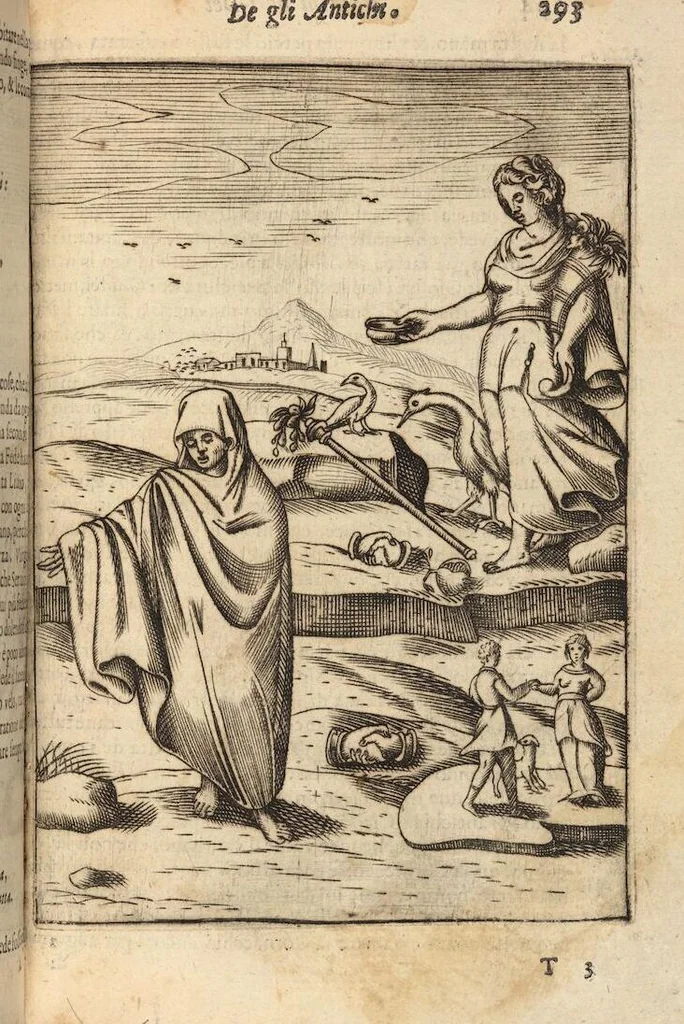 An illustration from Le imagini de i dei degli antichi nelle quali si contengono gl'idoli, i riti, le cerimonie, et altre cose appartenenti alla religione degli antichi ; con la loro espositione ; et in questa ultima impressione non solamente ridotte in forma più commoda, ma arricchite ancora di molte postille, et ... di più di 40 figure in rame …, 1603, leaf 337