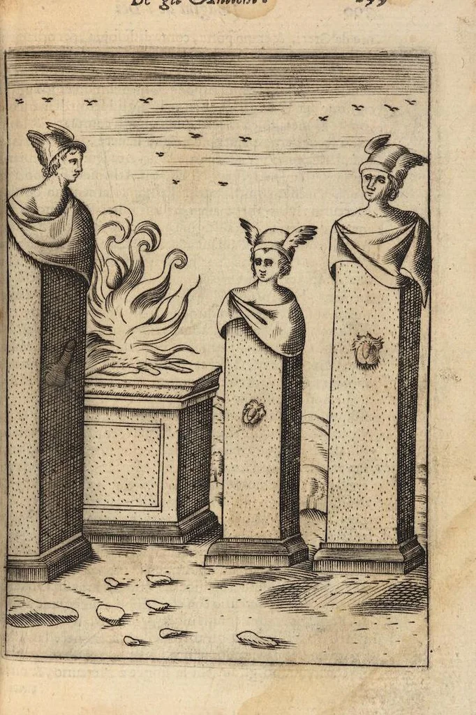 An illustration from Le imagini de i dei degli antichi nelle quali si contengono gl'idoli, i riti, le cerimonie, et altre cose appartenenti alla religione degli antichi ; con la loro espositione ; et in questa ultima impressione non solamente ridotte in forma più commoda, ma arricchite ancora di molte postille, et ... di più di 40 figure in rame …, 1603, leaf 343