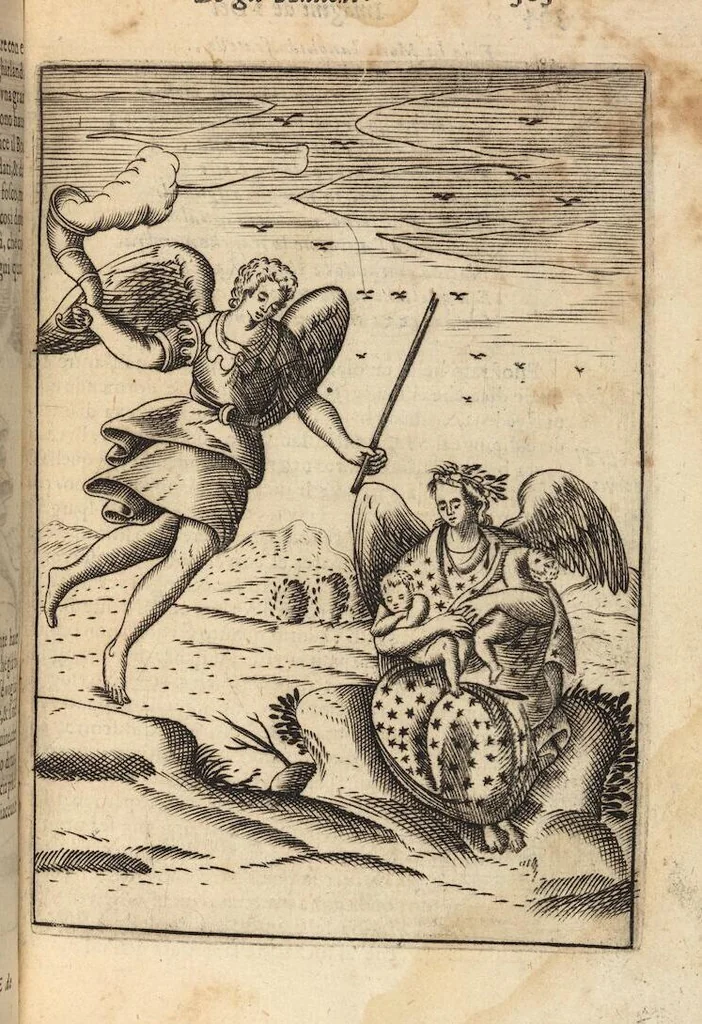 An illustration from Le imagini de i dei degli antichi nelle quali si contengono gl'idoli, i riti, le cerimonie, et altre cose appartenenti alla religione degli antichi ; con la loro espositione ; et in questa ultima impressione non solamente ridotte in forma più commoda, ma arricchite ancora di molte postille, et ... di più di 40 figure in rame …, 1603, leaf 347
