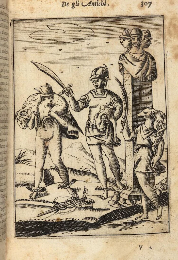 An illustration from Le imagini de i dei degli antichi nelle quali si contengono gl'idoli, i riti, le cerimonie, et altre cose appartenenti alla religione degli antichi ; con la loro espositione ; et in questa ultima impressione non solamente ridotte in forma più commoda, ma arricchite ancora di molte postille, et ... di più di 40 figure in rame …, 1603, leaf 351