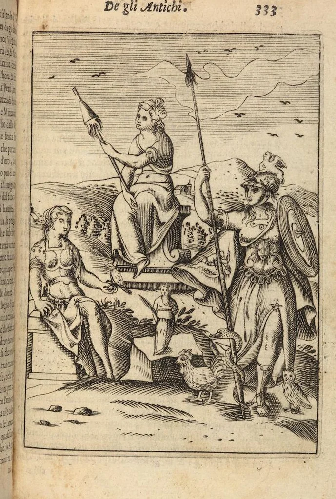 An illustration from Le imagini de i dei degli antichi nelle quali si contengono gl'idoli, i riti, le cerimonie, et altre cose appartenenti alla religione degli antichi ; con la loro espositione ; et in questa ultima impressione non solamente ridotte in forma più commoda, ma arricchite ancora di molte postille, et ... di più di 40 figure in rame …, 1603, leaf 377