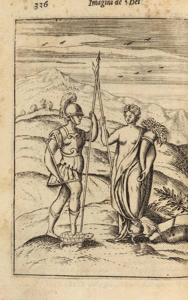 An illustration from Le imagini de i dei degli antichi nelle quali si contengono gl'idoli, i riti, le cerimonie, et altre cose appartenenti alla religione degli antichi ; con la loro espositione ; et in questa ultima impressione non solamente ridotte in forma più commoda, ma arricchite ancora di molte postille, et ... di più di 40 figure in rame …, 1603, leaf 380