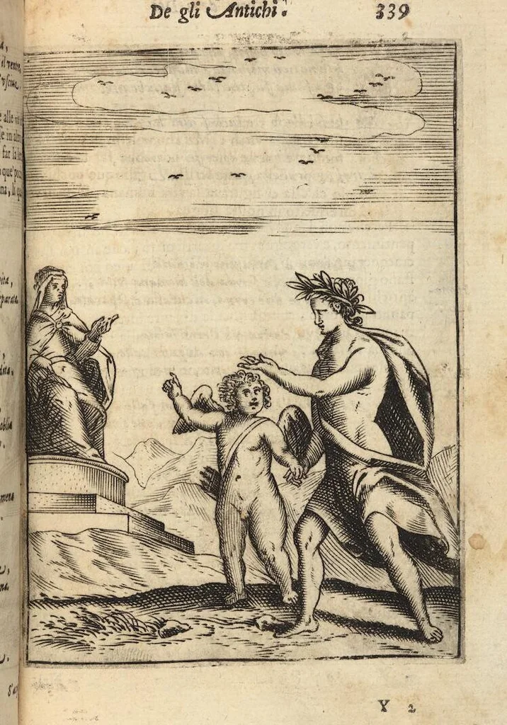 An illustration from Le imagini de i dei degli antichi nelle quali si contengono gl'idoli, i riti, le cerimonie, et altre cose appartenenti alla religione degli antichi ; con la loro espositione ; et in questa ultima impressione non solamente ridotte in forma più commoda, ma arricchite ancora di molte postille, et ... di più di 40 figure in rame …, 1603, leaf 383