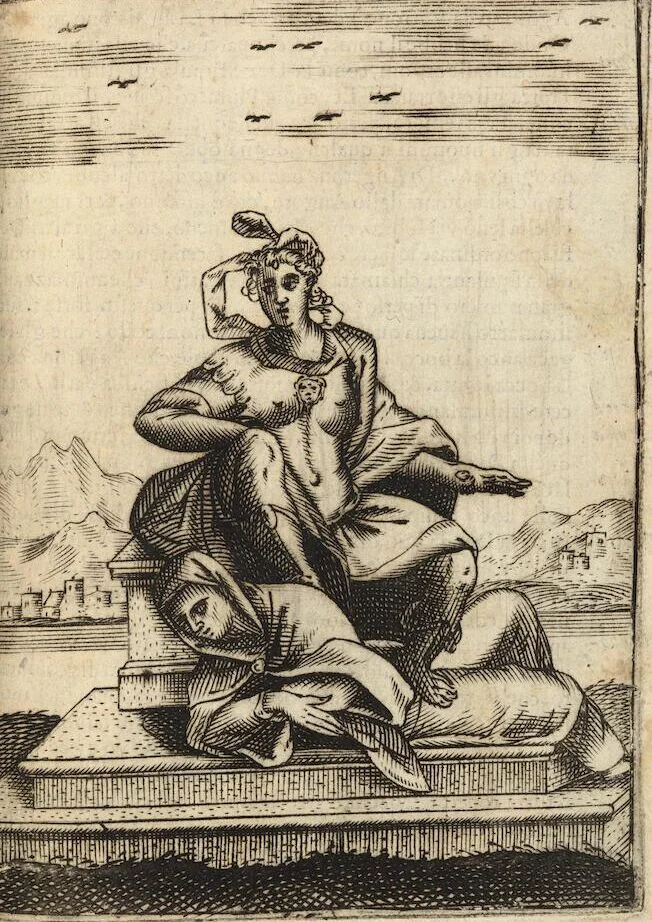 An illustration from Le imagini de i dei degli antichi nelle quali si contengono gl'idoli, i riti, le cerimonie, et altre cose appartenenti alla religione degli antichi ; con la loro espositione ; et in questa ultima impressione non solamente ridotte in forma più commoda, ma arricchite ancora di molte postille, et ... di più di 40 figure in rame …, 1603, leaf 385