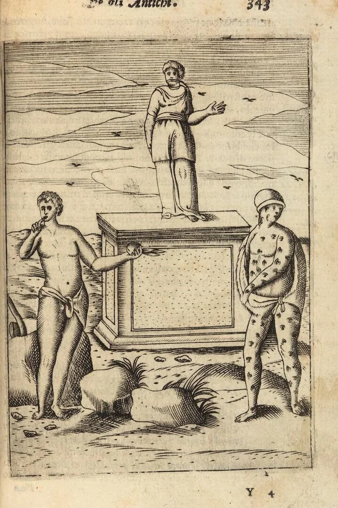 An illustration from Le imagini de i dei degli antichi nelle quali si contengono gl'idoli, i riti, le cerimonie, et altre cose appartenenti alla religione degli antichi ; con la loro espositione ; et in questa ultima impressione non solamente ridotte in forma più commoda, ma arricchite ancora di molte postille, et ... di più di 40 figure in rame …, 1603, leaf 387