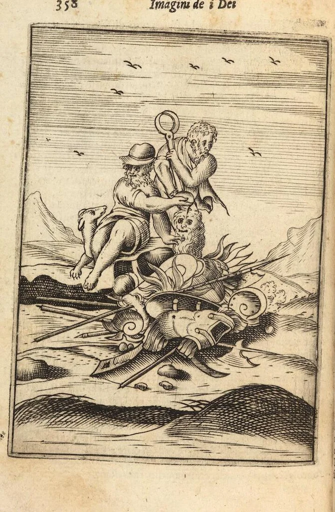 An illustration from Le imagini de i dei degli antichi nelle quali si contengono gl'idoli, i riti, le cerimonie, et altre cose appartenenti alla religione degli antichi ; con la loro espositione ; et in questa ultima impressione non solamente ridotte in forma più commoda, ma arricchite ancora di molte postille, et ... di più di 40 figure in rame …, 1603, leaf 402