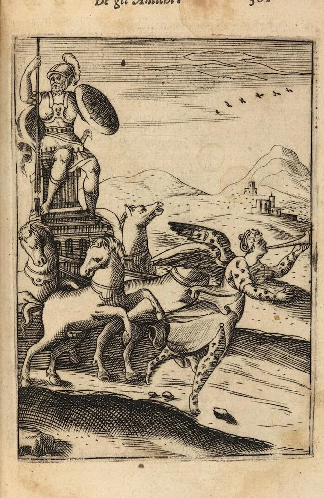 An illustration from Le imagini de i dei degli antichi nelle quali si contengono gl'idoli, i riti, le cerimonie, et altre cose appartenenti alla religione degli antichi ; con la loro espositione ; et in questa ultima impressione non solamente ridotte in forma più commoda, ma arricchite ancora di molte postille, et ... di più di 40 figure in rame …, 1603, leaf 405