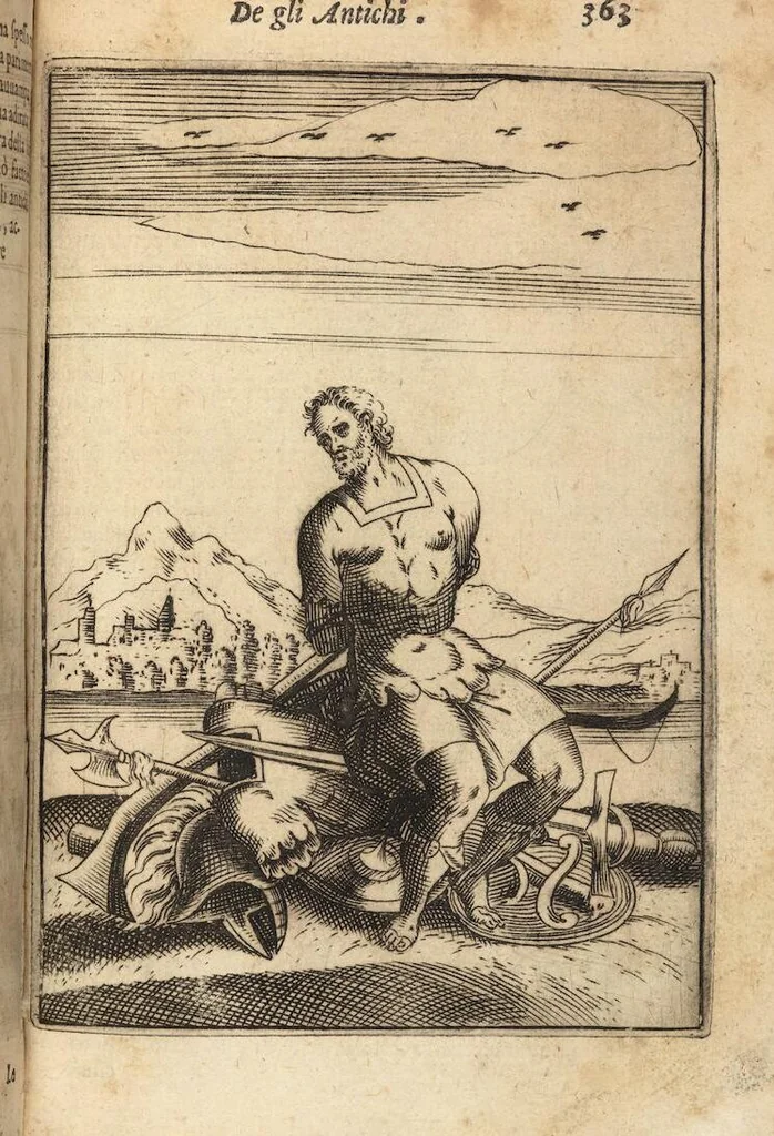 An illustration from Le imagini de i dei degli antichi nelle quali si contengono gl'idoli, i riti, le cerimonie, et altre cose appartenenti alla religione degli antichi ; con la loro espositione ; et in questa ultima impressione non solamente ridotte in forma più commoda, ma arricchite ancora di molte postille, et ... di più di 40 figure in rame …, 1603, leaf 407