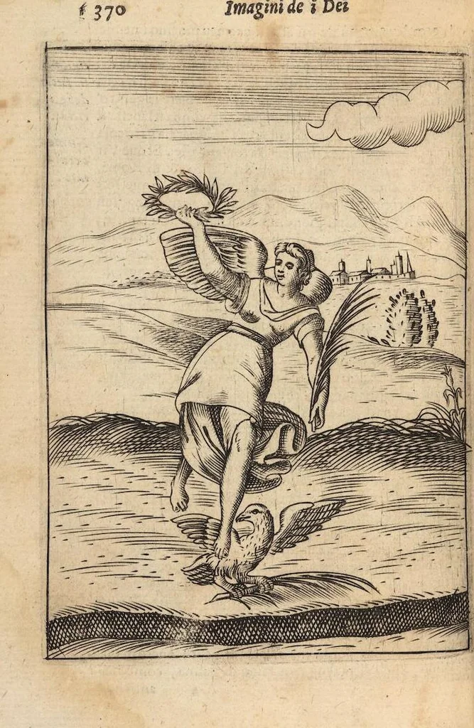 An illustration from Le imagini de i dei degli antichi nelle quali si contengono gl'idoli, i riti, le cerimonie, et altre cose appartenenti alla religione degli antichi ; con la loro espositione ; et in questa ultima impressione non solamente ridotte in forma più commoda, ma arricchite ancora di molte postille, et ... di più di 40 figure in rame …, 1603, leaf 414