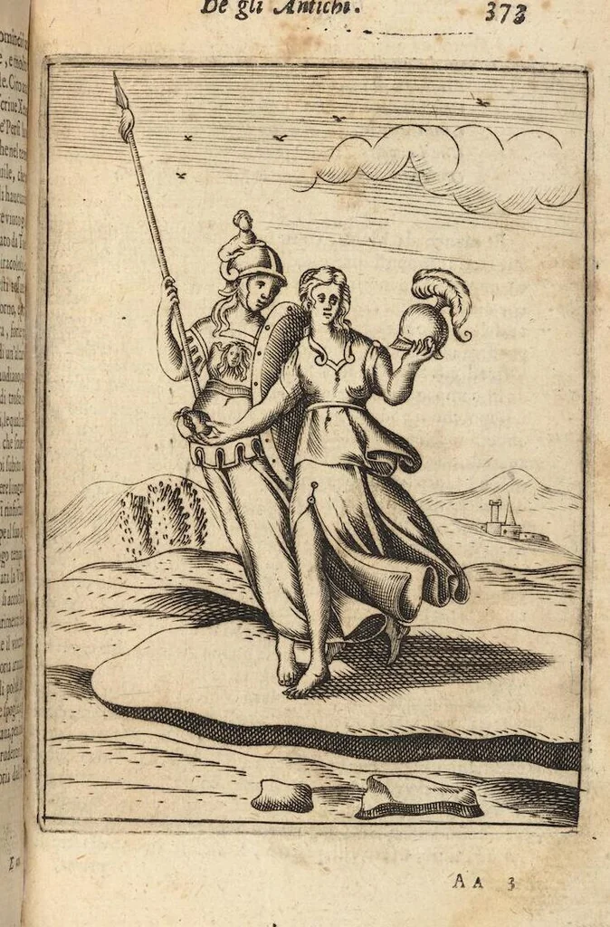 An illustration from Le imagini de i dei degli antichi nelle quali si contengono gl'idoli, i riti, le cerimonie, et altre cose appartenenti alla religione degli antichi ; con la loro espositione ; et in questa ultima impressione non solamente ridotte in forma più commoda, ma arricchite ancora di molte postille, et ... di più di 40 figure in rame …, 1603, leaf 417