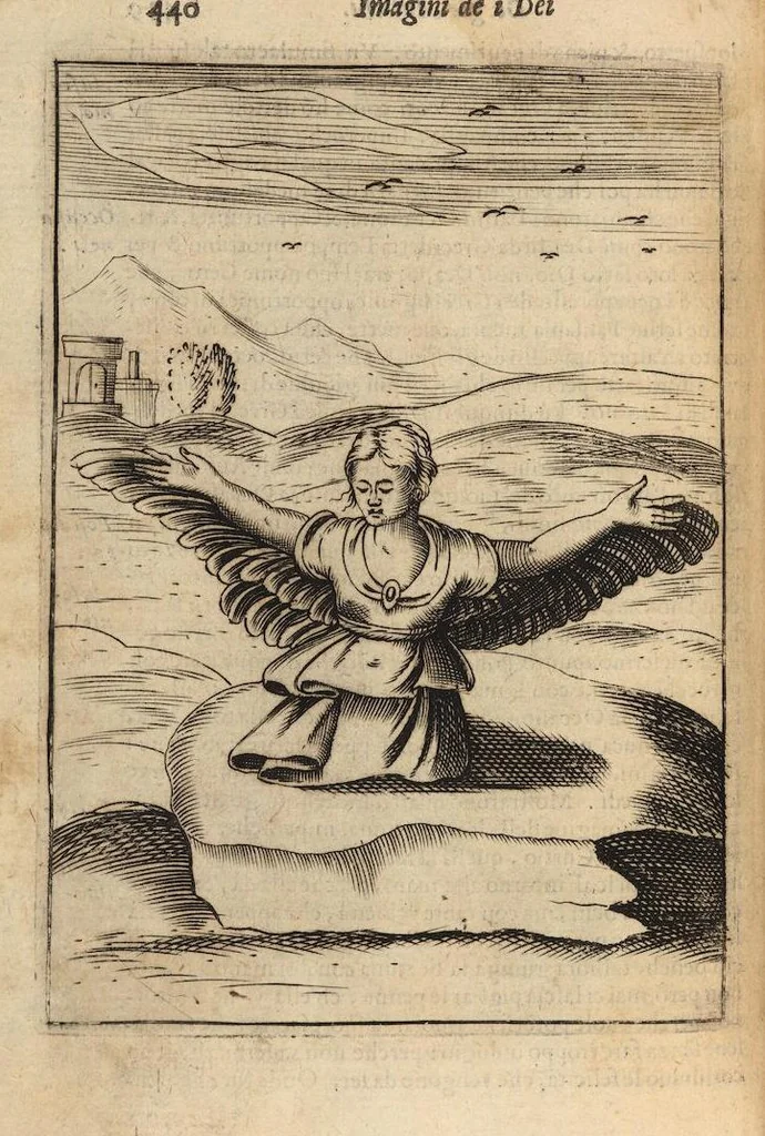 An illustration from Le imagini de i dei degli antichi nelle quali si contengono gl'idoli, i riti, le cerimonie, et altre cose appartenenti alla religione degli antichi ; con la loro espositione ; et in questa ultima impressione non solamente ridotte in forma più commoda, ma arricchite ancora di molte postille, et ... di più di 40 figure in rame …, 1603, leaf 484