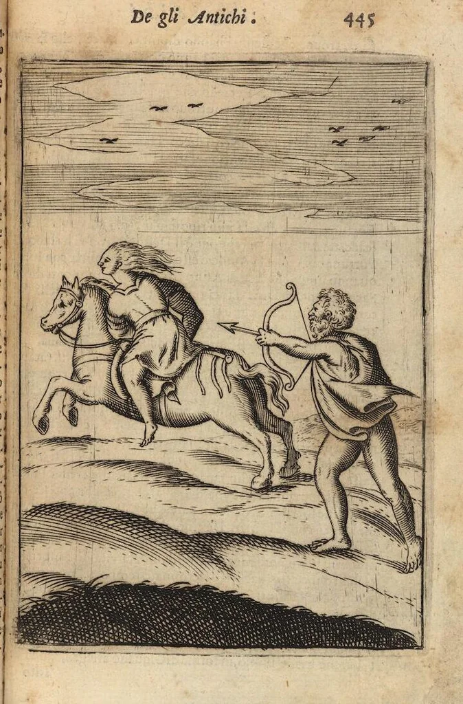 An illustration from Le imagini de i dei degli antichi nelle quali si contengono gl'idoli, i riti, le cerimonie, et altre cose appartenenti alla religione degli antichi ; con la loro espositione ; et in questa ultima impressione non solamente ridotte in forma più commoda, ma arricchite ancora di molte postille, et ... di più di 40 figure in rame …, 1603, leaf 489