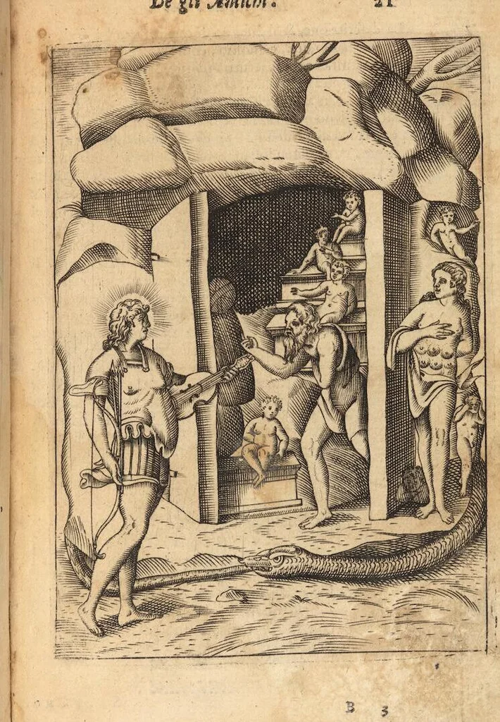An illustration from Le imagini de i dei degli antichi nelle quali si contengono gl'idoli, i riti, le cerimonie, et altre cose appartenenti alla religione degli antichi ; con la loro espositione ; et in questa ultima impressione non solamente ridotte in forma più commoda, ma arricchite ancora di molte postille, et ... di più di 40 figure in rame …, 1603, leaf 65