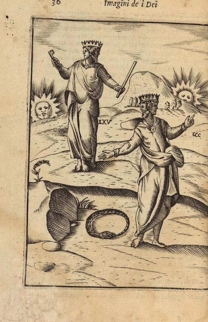 An illustration from Le imagini de i dei degli antichi nelle quali si contengono gl'idoli, i riti, le cerimonie, et altre cose appartenenti alla religione degli antichi ; con la loro espositione ; et in questa ultima impressione non solamente ridotte in forma più commoda, ma arricchite ancora di molte postille, et ... di più di 40 figure in rame …, 1603, leaf 80