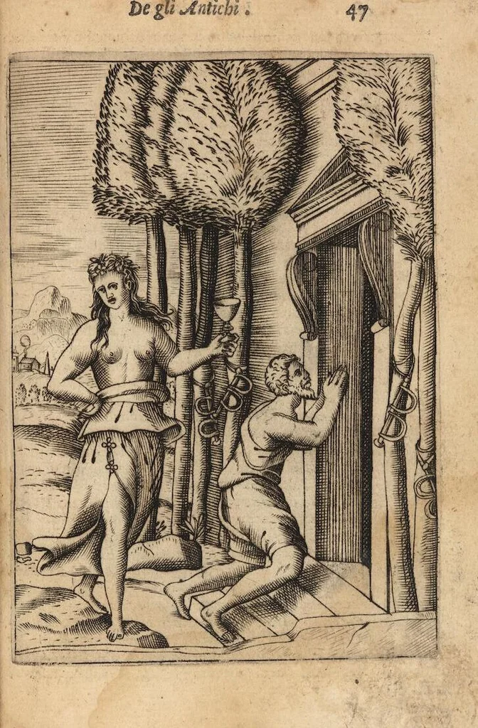 An illustration from Le imagini de i dei degli antichi nelle quali si contengono gl'idoli, i riti, le cerimonie, et altre cose appartenenti alla religione degli antichi ; con la loro espositione ; et in questa ultima impressione non solamente ridotte in forma più commoda, ma arricchite ancora di molte postille, et ... di più di 40 figure in rame …, 1603, leaf 91