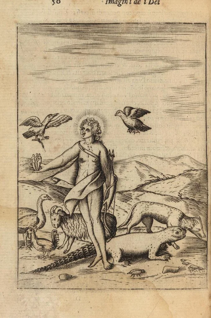 An illustration from Le imagini de i dei degli antichi nelle quali si contengono gl'idoli, i riti, le cerimonie, et altre cose appartenenti alla religione degli antichi ; con la loro espositione ; et in questa ultima impressione non solamente ridotte in forma più commoda, ma arricchite ancora di molte postille, et ... di più di 40 figure in rame …, 1603, leaf 94