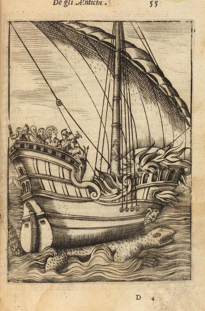 An illustration from Le imagini de i dei degli antichi nelle quali si contengono gl'idoli, i riti, le cerimonie, et altre cose appartenenti alla religione degli antichi ; con la loro espositione ; et in questa ultima impressione non solamente ridotte in forma più commoda, ma arricchite ancora di molte postille, et ... di più di 40 figure in rame …, 1603, leaf 99