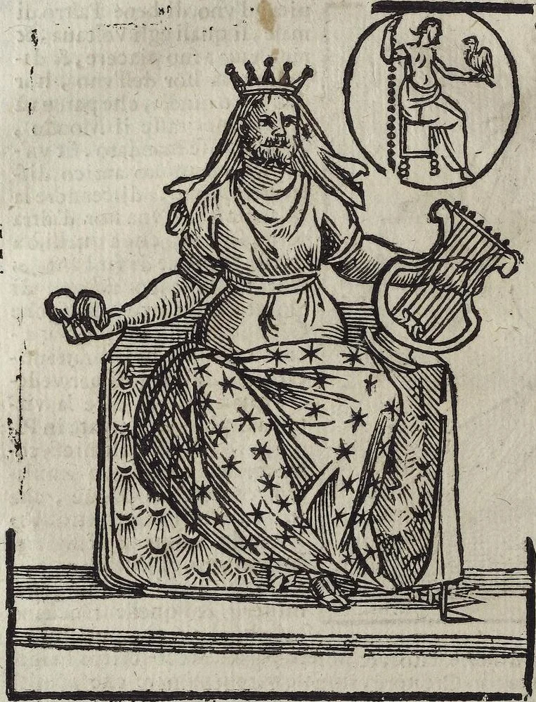 An illustration from Imagini Delli Dei De Gl'Antichi Di Vincenzo Cartari Reggiano: Ridotte da capo à piedi alle loro reali, & non più per l'adietro osseruate simiglianze. Cauate da' Marmi, Bronzi, Medaglie, Gioie, & altre memorie antiche; con esquisito studio, & particolare diligenza Da Lorenzo Pignoria Padoano. Aggionteui le Annotationi del medesimo sopra tutta l'opera ... Con le Allegorie sopra le Imagini di Cesare Malfatti Padoano, migliorate, & accresciute nouamente. Et vn Catalogo di cento più famosi dei della Gentilità. Con l'aggiunta d'vn'altro Catalogo de gl'Autori Antichi, & Moderni ..., 1674, leaf 104