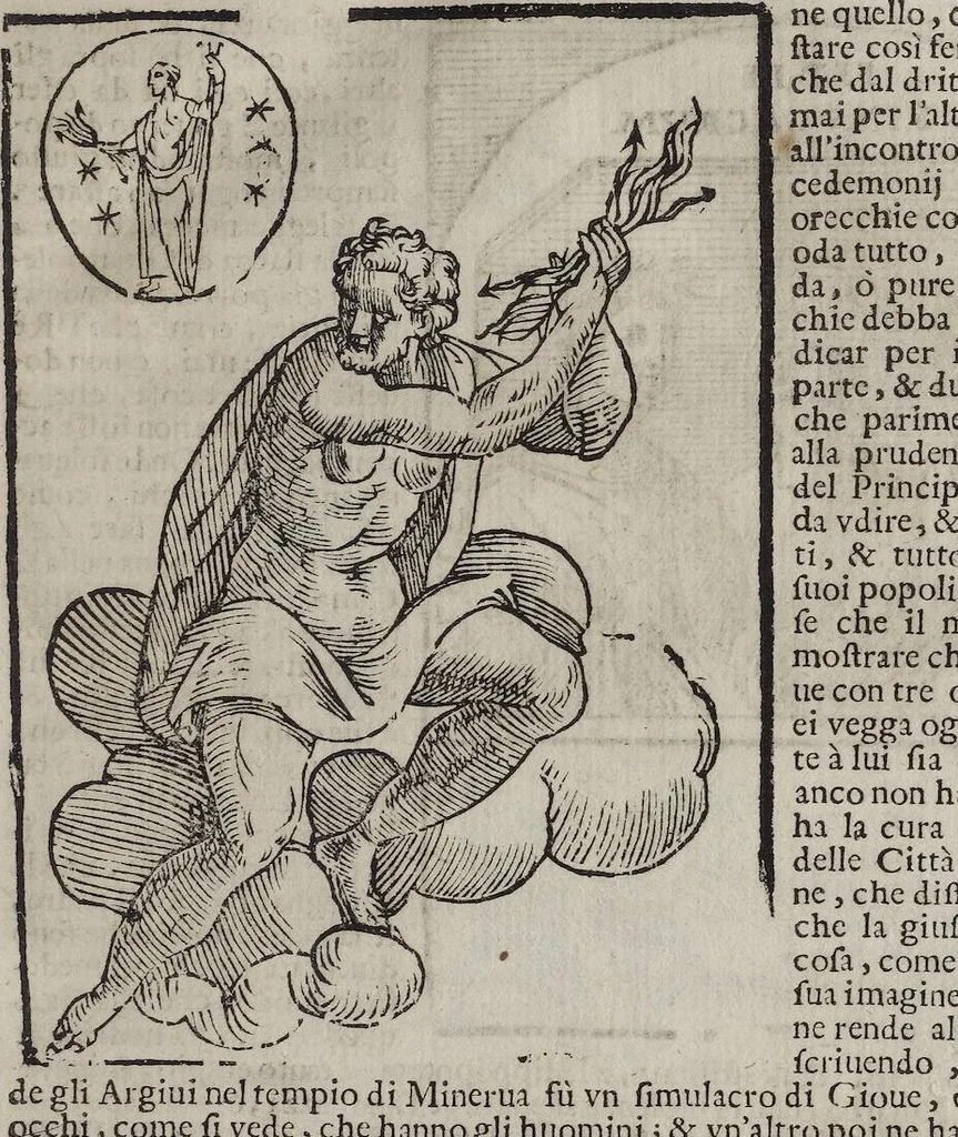 An illustration from Imagini Delli Dei De Gl'Antichi Di Vincenzo Cartari Reggiano: Ridotte da capo à piedi alle loro reali, & non più per l'adietro osseruate simiglianze. Cauate da' Marmi, Bronzi, Medaglie, Gioie, & altre memorie antiche; con esquisito studio, & particolare diligenza Da Lorenzo Pignoria Padoano. Aggionteui le Annotationi del medesimo sopra tutta l'opera ... Con le Allegorie sopra le Imagini di Cesare Malfatti Padoano, migliorate, & accresciute nouamente. Et vn Catalogo di cento più famosi dei della Gentilità. Con l'aggiunta d'vn'altro Catalogo de gl'Autori Antichi, & Moderni ..., 1674, leaf 105