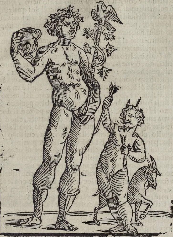 An illustration from Imagini Delli Dei De Gl'Antichi Di Vincenzo Cartari Reggiano: Ridotte da capo à piedi alle loro reali, & non più per l'adietro osseruate simiglianze. Cauate da' Marmi, Bronzi, Medaglie, Gioie, & altre memorie antiche; con esquisito studio, & particolare diligenza Da Lorenzo Pignoria Padoano. Aggionteui le Annotationi del medesimo sopra tutta l'opera ... Con le Allegorie sopra le Imagini di Cesare Malfatti Padoano, migliorate, & accresciute nouamente. Et vn Catalogo di cento più famosi dei della Gentilità. Con l'aggiunta d'vn'altro Catalogo de gl'Autori Antichi, & Moderni ..., 1674, leaf 107