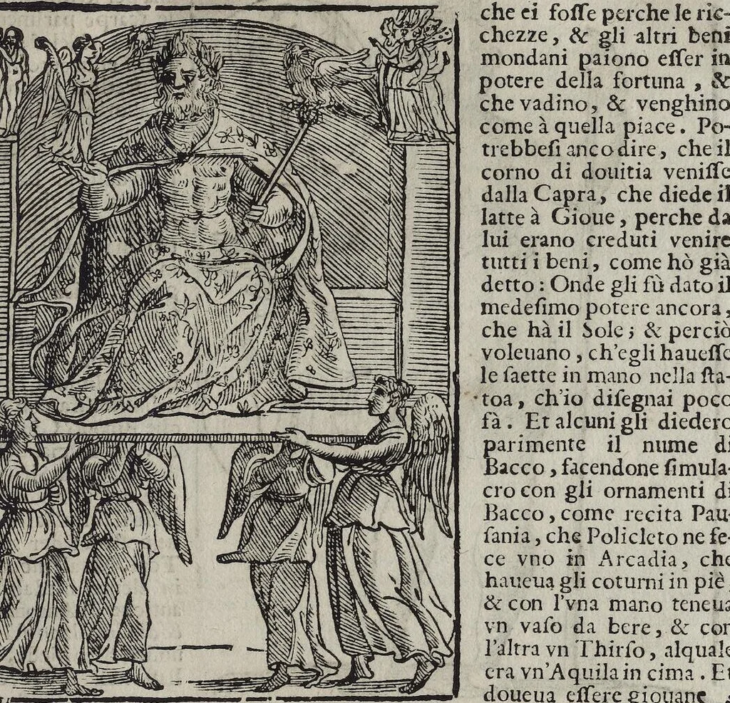 An illustration from Imagini Delli Dei De Gl'Antichi Di Vincenzo Cartari Reggiano: Ridotte da capo à piedi alle loro reali, & non più per l'adietro osseruate simiglianze. Cauate da' Marmi, Bronzi, Medaglie, Gioie, & altre memorie antiche; con esquisito studio, & particolare diligenza Da Lorenzo Pignoria Padoano. Aggionteui le Annotationi del medesimo sopra tutta l'opera ... Con le Allegorie sopra le Imagini di Cesare Malfatti Padoano, migliorate, & accresciute nouamente. Et vn Catalogo di cento più famosi dei della Gentilità. Con l'aggiunta d'vn'altro Catalogo de gl'Autori Antichi, & Moderni ..., 1674, leaf 109