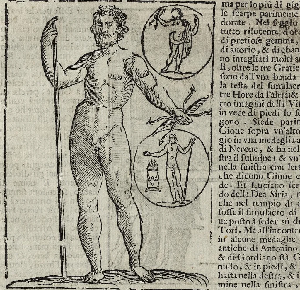 An illustration from Imagini Delli Dei De Gl'Antichi Di Vincenzo Cartari Reggiano: Ridotte da capo à piedi alle loro reali, & non più per l'adietro osseruate simiglianze. Cauate da' Marmi, Bronzi, Medaglie, Gioie, & altre memorie antiche; con esquisito studio, & particolare diligenza Da Lorenzo Pignoria Padoano. Aggionteui le Annotationi del medesimo sopra tutta l'opera ... Con le Allegorie sopra le Imagini di Cesare Malfatti Padoano, migliorate, & accresciute nouamente. Et vn Catalogo di cento più famosi dei della Gentilità. Con l'aggiunta d'vn'altro Catalogo de gl'Autori Antichi, & Moderni ..., 1674, leaf 110