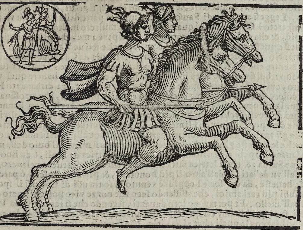 An illustration from Imagini Delli Dei De Gl'Antichi Di Vincenzo Cartari Reggiano: Ridotte da capo à piedi alle loro reali, & non più per l'adietro osseruate simiglianze. Cauate da' Marmi, Bronzi, Medaglie, Gioie, & altre memorie antiche; con esquisito studio, & particolare diligenza Da Lorenzo Pignoria Padoano. Aggionteui le Annotationi del medesimo sopra tutta l'opera ... Con le Allegorie sopra le Imagini di Cesare Malfatti Padoano, migliorate, & accresciute nouamente. Et vn Catalogo di cento più famosi dei della Gentilità. Con l'aggiunta d'vn'altro Catalogo de gl'Autori Antichi, & Moderni ..., 1674, leaf 123